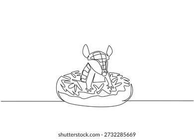 Dibujo de línea continua de armadillo fuerte muestra lindo animal blindado sentado dentro de la rosquilla para el concepto de comida pastelera. Diseño único del mamífero encantador para el propósito de la decoración de la pared de los niños en arte del estilo minimalista