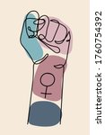 Continuous line drawing of strong fist raised up with woman gender sign. Feminism power symbol. Human arm with clenched fingers, one line drawing colored vector illustration. Concept of girl power
