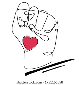 Continuous line drawing of strong fist raised up, with small red heart icon on it. One line drawing vector illustration of human arm. Concept of protest, equality, fight for human rights. Stop racism
