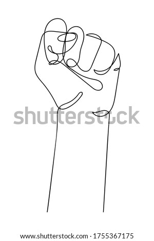 Continuous line drawing of strong fist raised up. Human arm with clenched fingers, one line drawing vector illustration. Concept of protest, revolution, freedom, equality, fight for human rights.