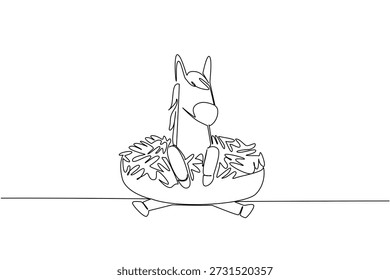 Continuous line drawing of strong horse shows cute animal sitting inside glazed donut for sweet pastry concept. Unique design features farm creature for an international food day theme in minimalist