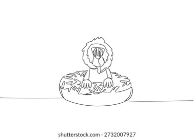 Continuous line drawing of strong mandrill shows cute animal sitting inside sweet donut for pastry food concept. Unique design of playful primate for kids storybook cover purpose in minimalist art