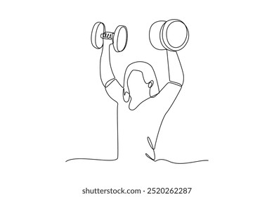 Continuous line drawing of strong woman lifting barbell during fitness training. Girl exercise lifting weights in gym fitness center.