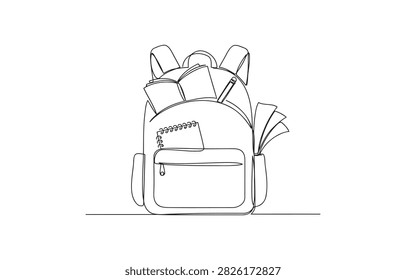 Continuous line drawing of student backpack with study equipment backpack education