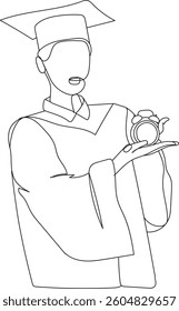 Continuous line drawing of a student in graduation attire, holding an alarm clock, end of university cycle, line art, vector