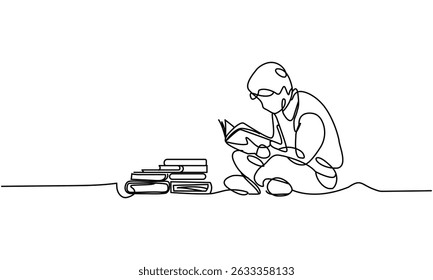 Continuous Line Drawing of a Student Reading a Book with Stack of Books vector illustration in white background 