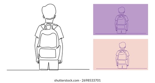 Continuous line drawing of a student wearing a backpack seen from behind. One line art of a school kid ready to go to school, symbolizing education, learning, and curiosity.