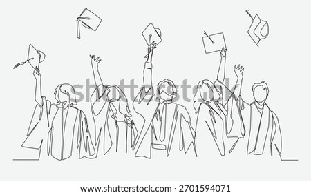 Continuous line drawing of students celebrating graduation throwing mortarboards. Editable line. Vector illustration.