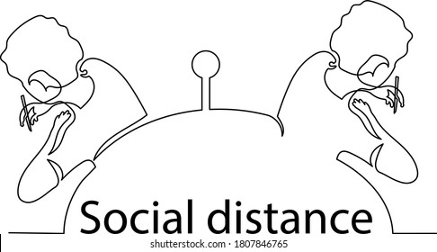 Continuous line drawing students at a distance from each other study at school. Social distance in a pandemic. Safety. Health. Children are learning.