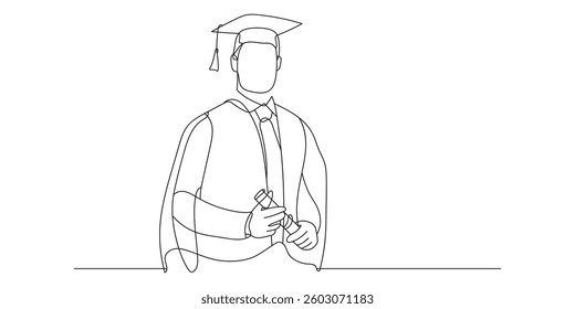 Continuous line drawing of students graduating and celebrating graduation. Hand drawn single line illustration