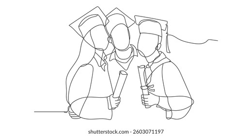 Continuous line drawing of students graduating and celebrating graduation. Hand drawn single line illustration
