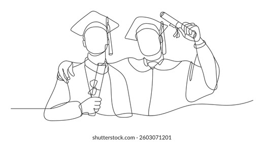 Continuous line drawing of students graduating and celebrating graduation. Hand drawn single line illustration