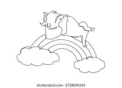 Kontinuierliche Linienzeichnung von robusten amerikanischen Bison schlafen Rückenlehne auf einem Regenbogen. Das Design des Naturkonzepts fängt ein Flachthema für den National Bison Day ein. Minimalistische Kunst für Naturschutzpark-Souvenir