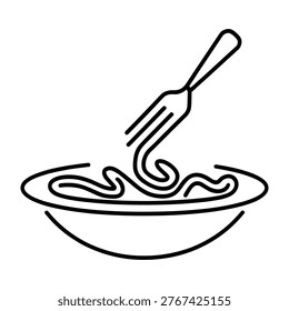 Continuous line drawing style icon of a fork twirling noodles in a bowl