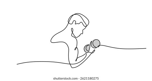 Continuous Line Drawing Style Man Lifting Dumbbell. Gym Workout Activity Minimalist Vector Art.