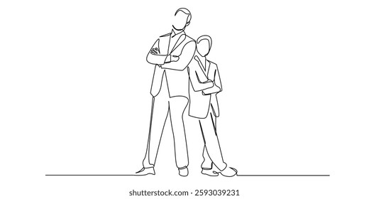 continuous line drawing of stylish father and son in suits.intimate portrait of father and son posing in studio.one line drawing vector illustration