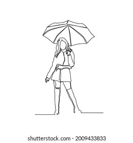 Continuous line drawing of stylish young woman hanging umbrella. woman gesture line art with active stroke. 