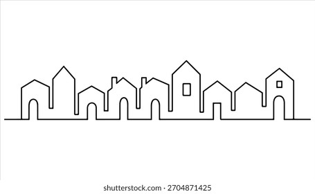 Dibujo de líneas continuo de un paisaje urbano estilizado con Formas de casas variadas y puertas arqueadas