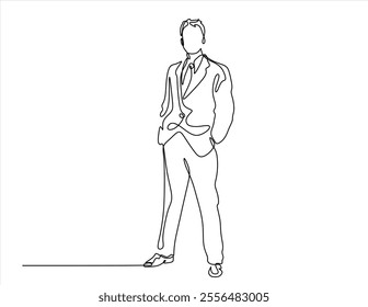 continuous line drawing of Successful business owners stand. businessman standing isolated over white background	