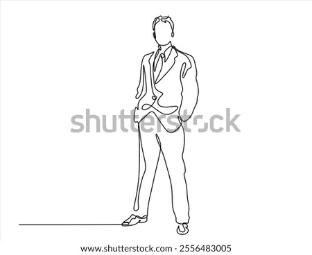 continuous line drawing of Successful business owners stand. businessman standing isolated over white background	