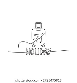 Continuous line drawing of a suitcase airplane and the word holiday