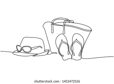 Continuous line drawing of summer concept of sandy beach, straw hat, starfish, bag, sunglasses and flip flops on a tropical beach. Vector illustration isolated on white background