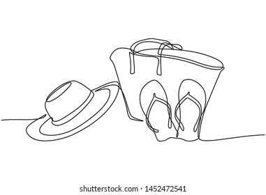 Continuous line drawing of summer concept of sandy beach, straw hat, starfish, bag, sunglasses and flip flops on a tropical beach. Vector illustration isolated on white background