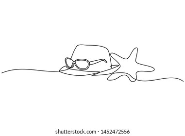 Continuous line drawing of summer concept of sandy beach, straw hat, starfish, bag, sunglasses and flip flops on a tropical beach. Vector illustration isolated on white background