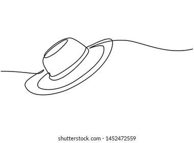 Continuous line drawing of summer concept of sandy beach, straw hat, starfish, bag, sunglasses and flip flops on a tropical beach. Vector illustration isolated on white background