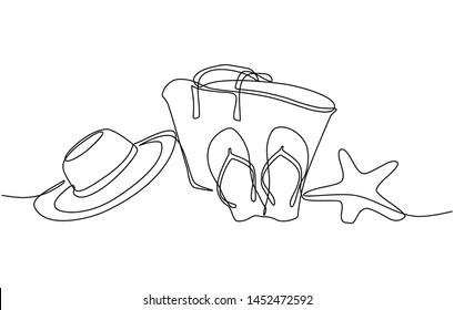 Continuous line drawing of summer concept of sandy beach, straw hat, starfish, bag, sunglasses and flip flops on a tropical beach. Vector illustration isolated on white background
