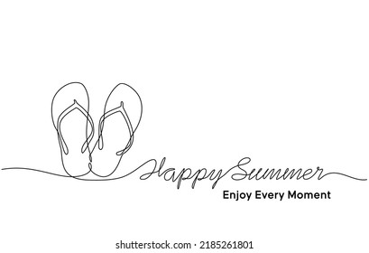 Continuous line drawing of summer concept, sandy beach, straw hat, starfish, bag, sunglasses and flip flops on tropical beach in one line doodle style. Editable strokes.