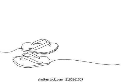 Continuous line drawing of summer concept, sandy beach, straw hat, starfish, bag, sunglasses and flip flops on tropical beach in one line doodle style. Editable strokes.