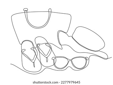 Continuous line drawing of summer concept, sandy beach, straw hat, starfish, bag, sunglasses and flip flops on tropical beach in one line doodle style. Editable stroke.