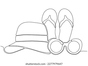 Continuous line drawing of summer concept, sandy beach, straw hat, starfish, bag, sunglasses and flip flops on tropical beach in one line doodle style. Editable stroke.