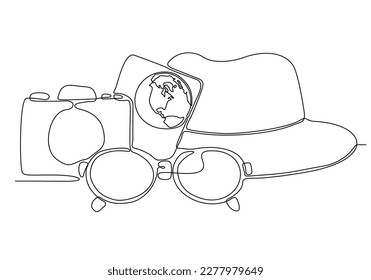 Continuous line drawing of summer concept, sandy beach, straw hat, starfish, bag, sunglasses and flip flops on tropical beach in one line doodle style. Editable stroke.