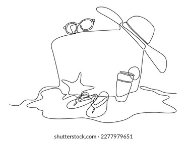 Continuous line drawing of summer concept, sandy beach, straw hat, starfish, bag, sunglasses and flip flops on tropical beach in one line doodle style. Editable stroke.