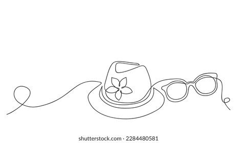 Continuous line drawing of summer concept of hat, sunglasses on tropical beach. Vector illustration isolated on white background