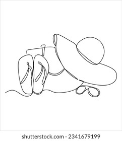 Continuous line drawing of summer concept, sandy beach, straw hat, bag, sunglasses and flip flops on tropical beach in one line doodle style. Editable stroke.