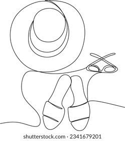 Continuous line drawing of summer concept, sandy beach, straw hat, bag, sunglasses and flip flops on tropical beach in one line doodle style. Editable stroke.