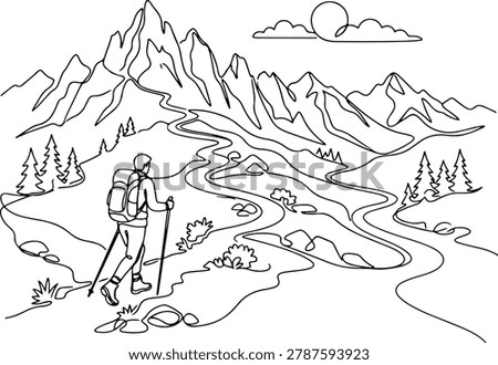 Continuous line drawing of summer hiking trails, holiday season, line art vector illustration.