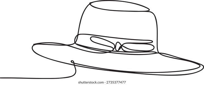 Dibujo de línea continua de sombrero de sol de verano accesorio de moda. Concepto de ropa de vacaciones de playa de arte de una línea. Elemento de estilo minimalista para la cabeza. Accesorio de cabeza femenina ilustración lineal. Icono de estilo de Festiva. Esquema simple para el blog de viaje. Elegante protección contra el Vector de Diseño gráfico artístico solar.