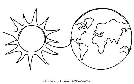 Continuous line drawing sun and Earth globe. Vector illustration isolated on white.