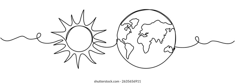 Continuous line drawing sun and Earth globe. Vector illustration isolated on white.