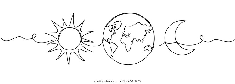 Continuous line drawing of sun with moon and Earth globe. Vector illustration isolated on white.