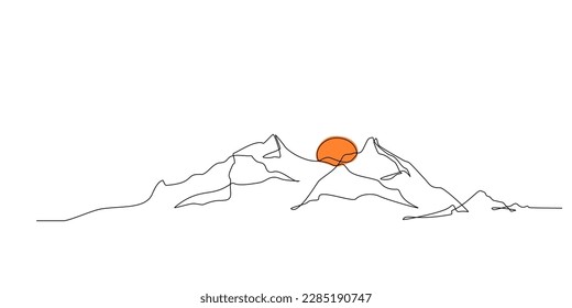 Continuous line drawing sun   mountain range landscape background  One single line drawing mountain panoramic view  Line art style illustration nature  Vector linear style Doodle  handdrawn
