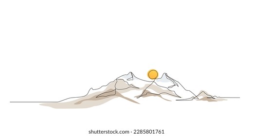 Continuous line drawing of sun and mountain range landscape background. One single line colored drawing of mountain, sunset panoramic view. Line art style illustration of nature. Vector linear style