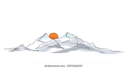 Continuous line drawing of sun and mountain range landscape background. One single line colored drawing of mountain, sunset panoramic view. Line art style illustration of nature. Vector linear style