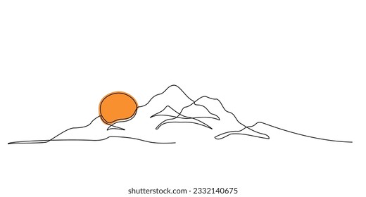 Continuous line drawing of sun and mountain range landscape background. One single line drawing of mountain panoramic view. Line art style illustration of nature. Vector linear style.Doodle, handdrawn