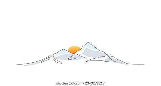 Continuous line drawing of sun and mountain range landscape background. One single line colored drawing of mountain, sunset, sunrise panoramic view. Line art style illustration of nature. Linear style