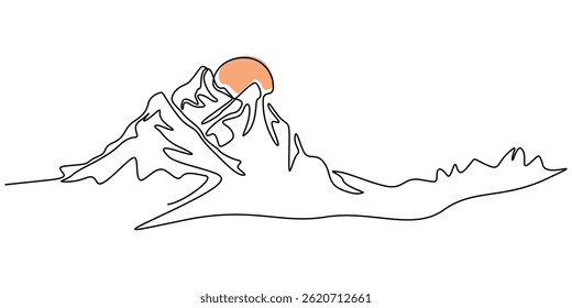 Continuous line drawing of sun and mountain range landscape background, Rocky peaks in simple linear style. Minimalist illustration of sunset in the mountains, Hot temperature and travel symbol vector